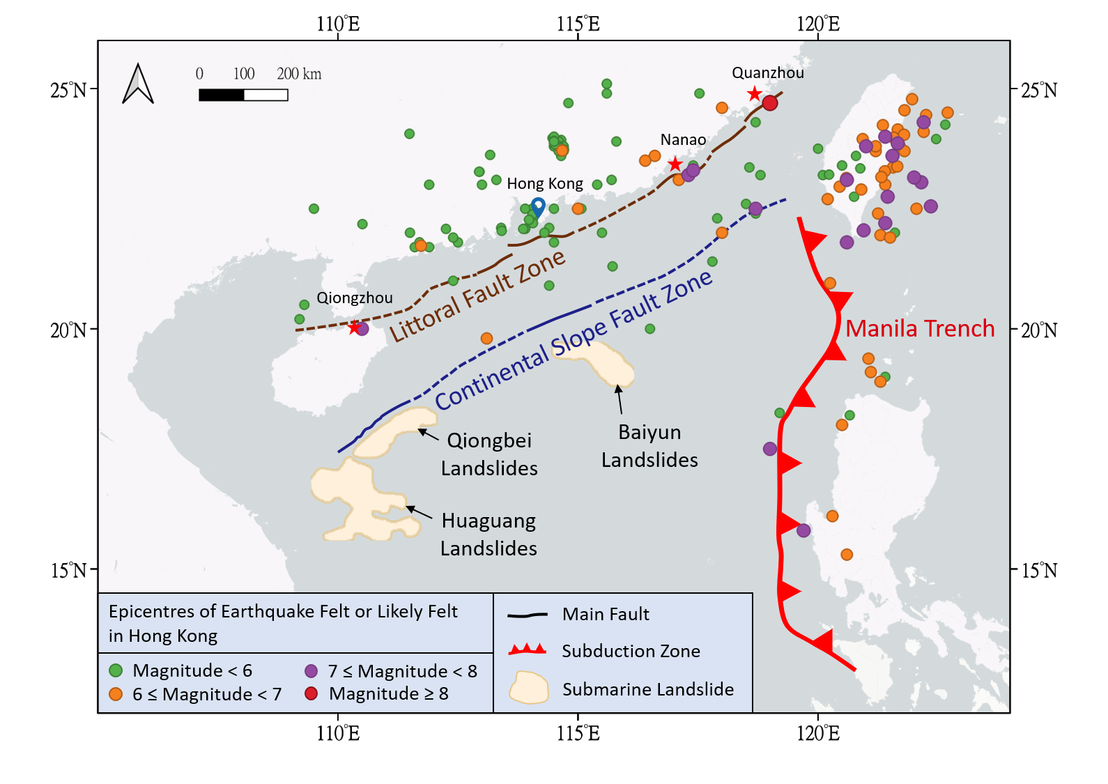 Figure 1. Schematic diagram of potential tsunami sources in the South China Sea region, and the epicenters of earthquakes felt in Hong Kong (including incomplete records of earthquakes that were likely to have been felt in Hong Kong before 1979 [2,3] and earthquakes felt in Hong Kong since the setup of the short-period seismograph monitoring network in 1979 till August 2025 [4]).